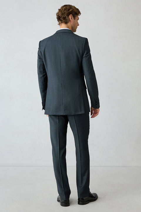 Koyu Lacivert 8 Drop Long Slim Fit Uzun Dar Kesim Yünlü Çizgili Sivri Yaka Kruvaze Takım Elbise