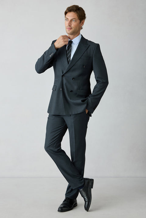 Koyu Lacivert 8 Drop Long Slim Fit Uzun Dar Kesim Yünlü Çizgili Sivri Yaka Kruvaze Takım Elbise