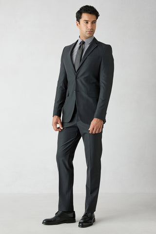Siyah 8 Drop Long Slim Fit Balıksırtı Yün & Keten Karışımlı Mono Yaka Takım Elbise