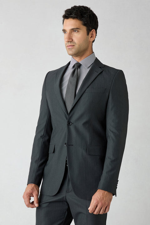 Black 8 Drop Long Slim Fit Herringbone Wool & Linen Blend Single Breasted Suit