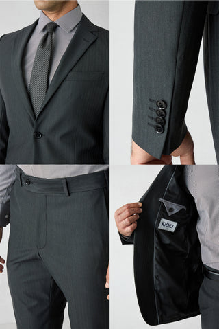 Siyah 8 Drop Long Slim Fit Balıksırtı Yün & Keten Karışımlı Mono Yaka Takım Elbise