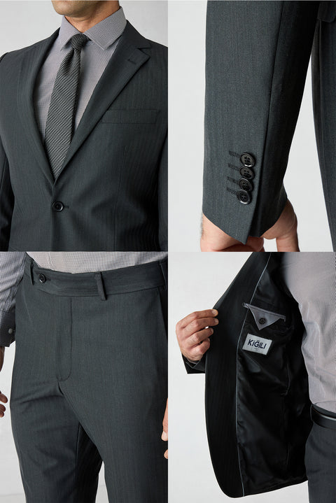 Black 8 Drop Long Slim Fit Herringbone Wool & Linen Blend Single Breasted Suit