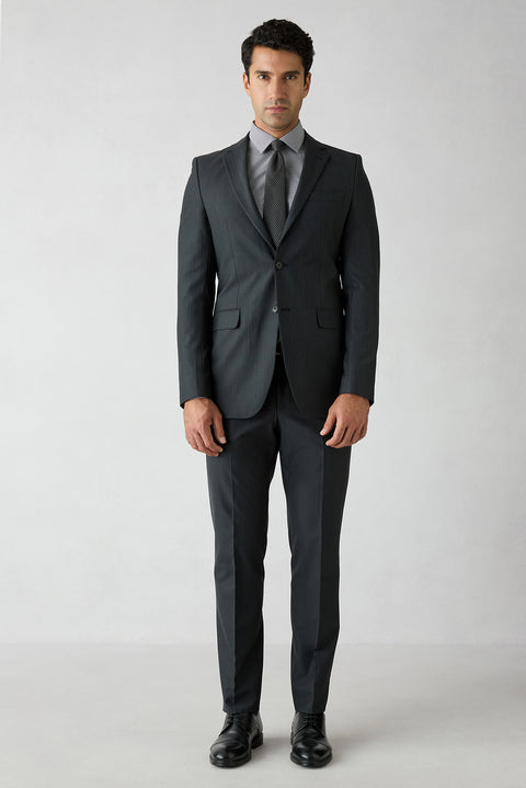 Black 8 Drop Long Slim Fit Herringbone Wool & Linen Blend Single Breasted Suit
