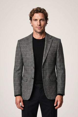 Siyah 4 Drop Relaxed Fit Rahat Kesim Yünlü Ekose Desenli Mono Yaka Klasik Ceket