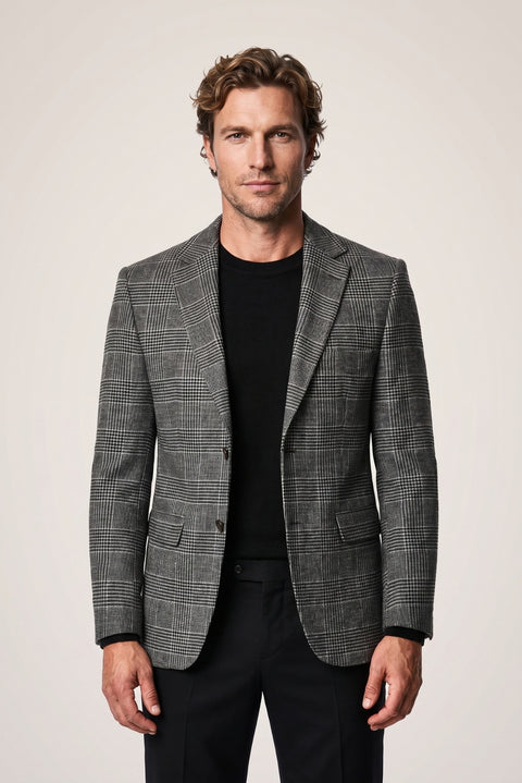 Siyah 6 Drop Regular Fit Standart Kesim Yünlü Ekose Desenli Mono Yaka Klasik Ceket