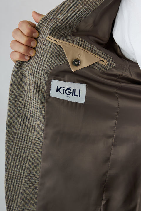 Orta Kahve 4 Drop Relaxed Fit Rahat Kesim Yünlü Ekose Desenli Mono Yaka Klasik Ceket