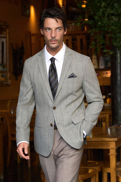 Orta Vizon 7 Drop Super Slim Fit Eksra Dar Kesim Yünlü Çizgili Mono Yaka Klasik Ceket