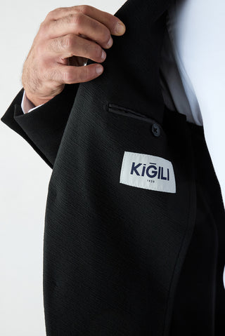 Siyah 7 Drop Süper Slim Fit Mono Yaka Armürlü Klasik Ceket