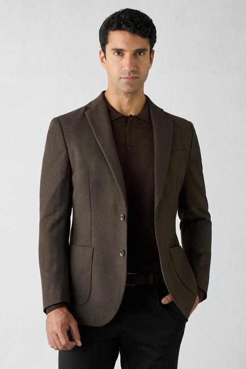 Dark Brown 6 Drop Regular Fit Wool Herringbone Jacket