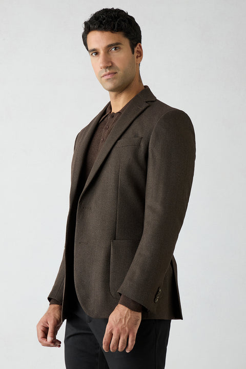 Dark Brown 6 Drop Regular Fit Wool Herringbone Jacket