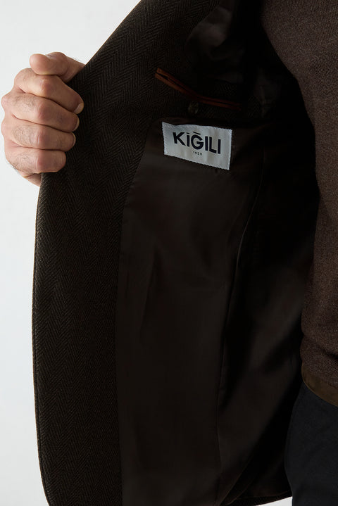 Dark Brown 6 Drop Regular Fit Wool Herringbone Jacket