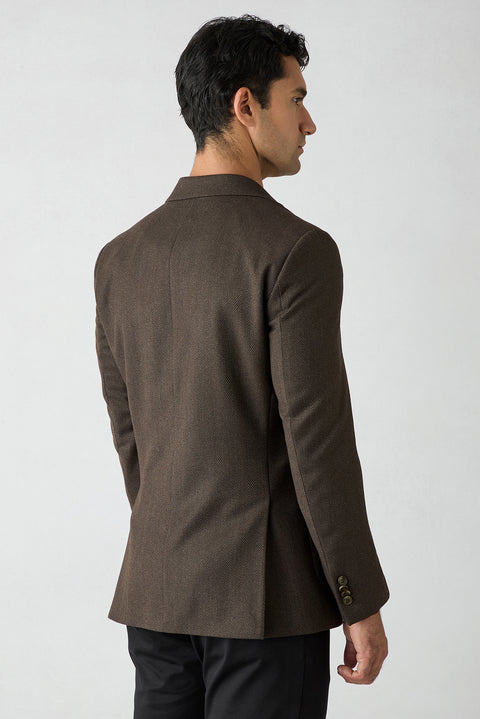 Dark Brown 6 Drop Regular Fit Wool Herringbone Jacket