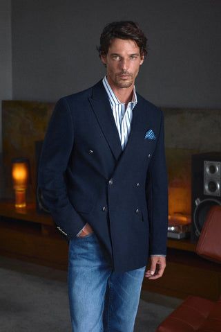 Koyu Lacivert 7 Drop Slim Fit Dar Kesim Desenli Sivri Yaka Kruvaze Blazer Ceket