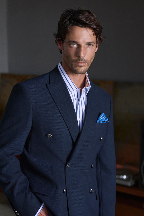 Dark Navy Blue 7 Drop Slim Fit Pointed Lapel Armory Double-Breasted Blazer Jacket