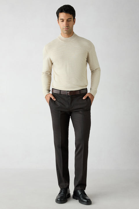 Dark Brown 7 Drop Slim Fit Plain Wool Classic Trousers