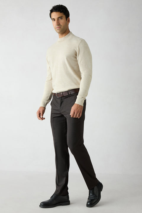 Dark Brown 7 Drop Slim Fit Plain Wool Classic Trousers