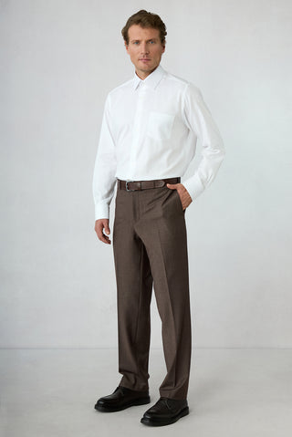 Orta Kahve 4 Drop Relaxed Fit Düz Yünlü Klasik Pantolon