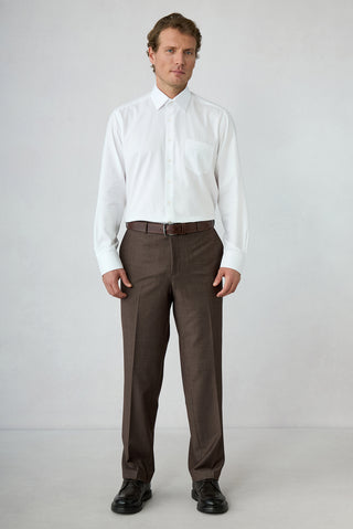 Orta Kahve 4 Drop Relaxed Fit Düz Yünlü Klasik Pantolon