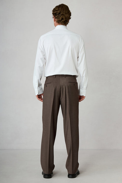 Orta Kahve 4 Drop Relaxed Fit Rahat Kesim Yünlü Düz Klasik Kumaş Pantolon