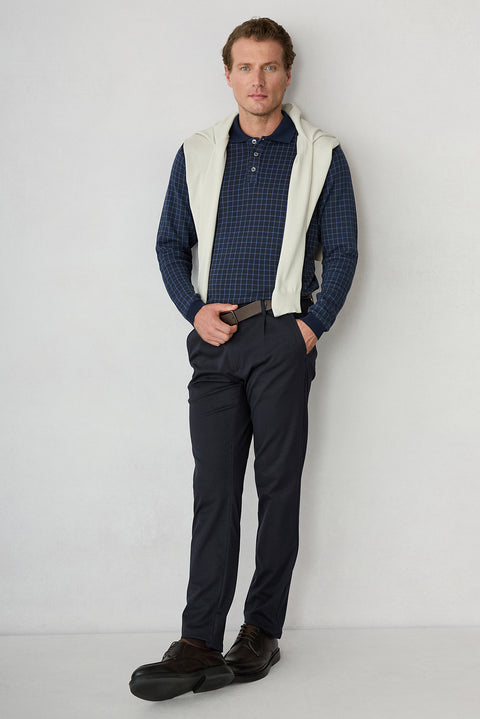 Koyu Lacivert Straight Regular Fit Lyocell Karışımlı Beli Lastikli Pileli Kanvas / Chino Pantolon