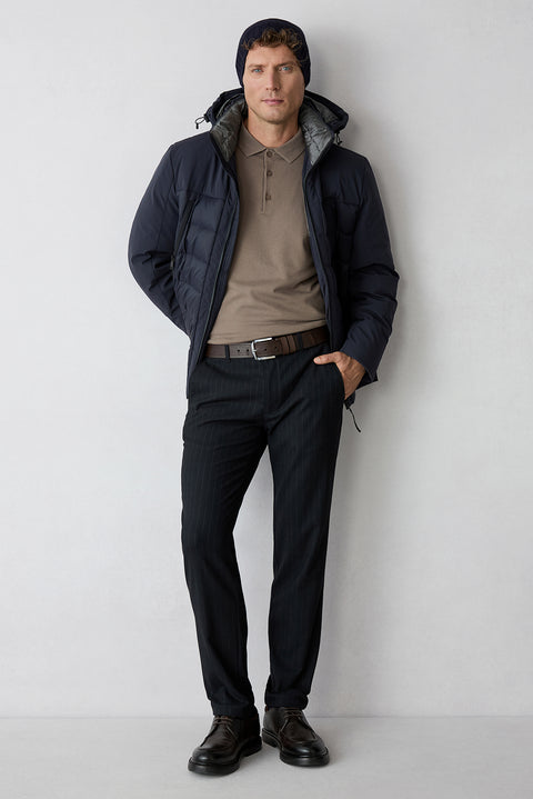 Koyu Lacivert Slim Straight Fit Çizgili Spor Pantolon