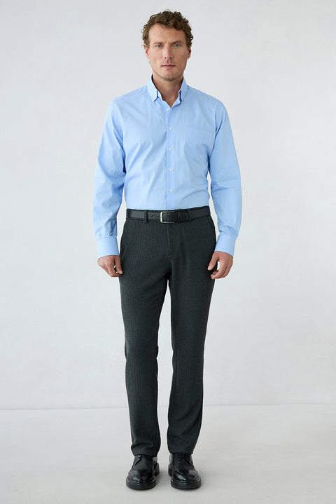 Dark Charcoal Relaxed Fit Striped Casual Trousers with Elastic Back Waistband