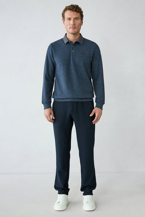 Orta Lacivert Relaxed Fit Rahat Kesim Çizgili Beli Lastikli Likralı Kanvas / Chino Pantolon