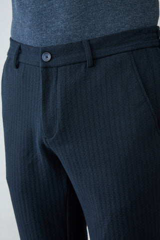 Orta Lacivert Relaxfed Çizgili Arka Kemer Lastikli Casual Pantolon
