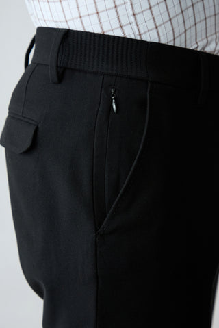Siyah Straight Slim Fit Lyocell Yün Karışımlı Yandan Cep Beli Lastikli Kanvas / Chino Pantolon