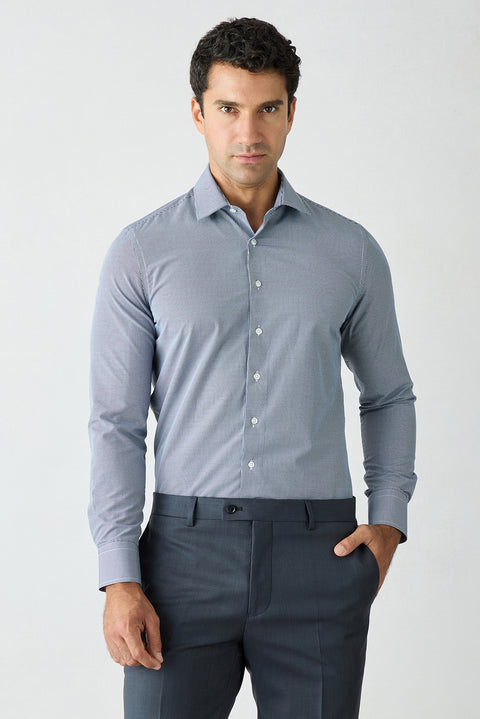 Koyu Lacivert Uzun Kol Slim Fit Ekose Pamuklu Kolay Ütülenebilir Klasik Gömlek