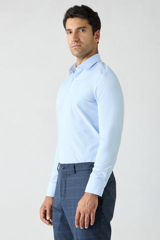 Açık Mavi Uzun Kol Slim Fit Pamuklu Ekose Gömlek