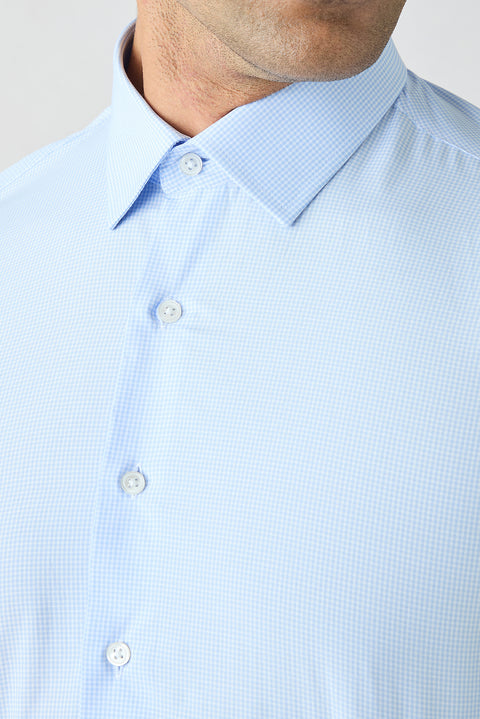Açık Mavi Uzun Kol Slim Fit Ekose Pamuklu Kolay Ütülenebilir Klasik Gömlek