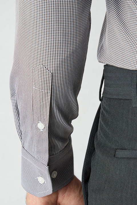 Dark Brown Long Sleeve Slim Fit Cotton Plaid Shirt