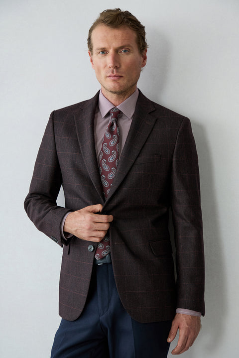 Wine Bordeaux Long Sleeve Slim Fit Cotton Plaid Shirt