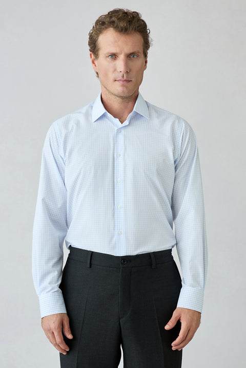 Light Blue Long Sleeve Regular Fit Plaid Cotton Shirt