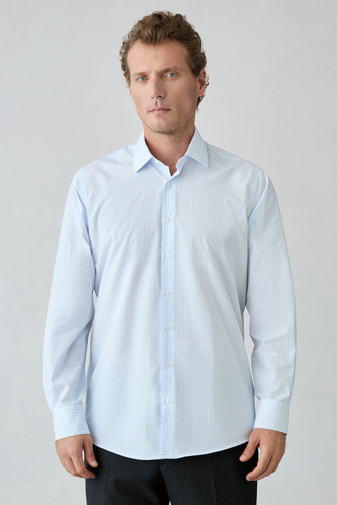 Light Blue Long Sleeve Regular Fit Plaid Cotton Shirt