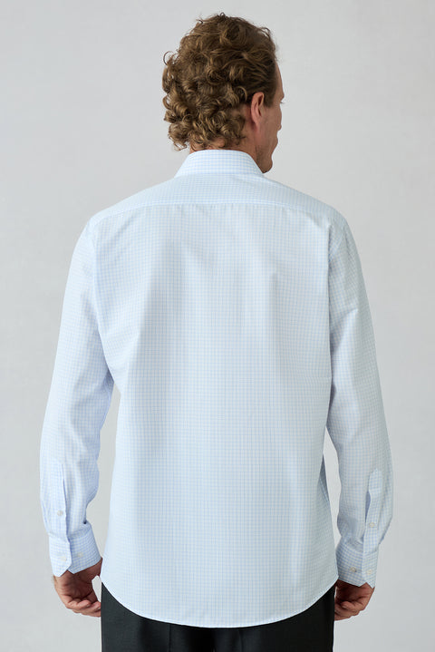 Light Blue Long Sleeve Regular Fit Plaid Cotton Shirt