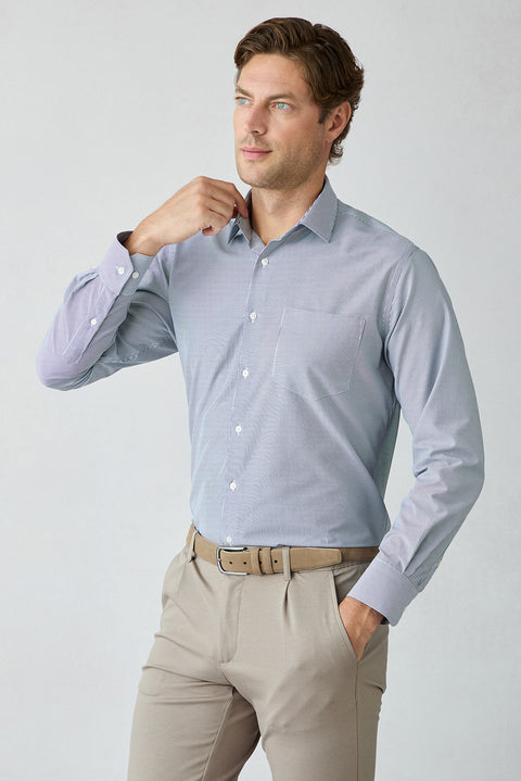 Dark Navy Long Sleeve Regular Fit Striped Cotton Shirt