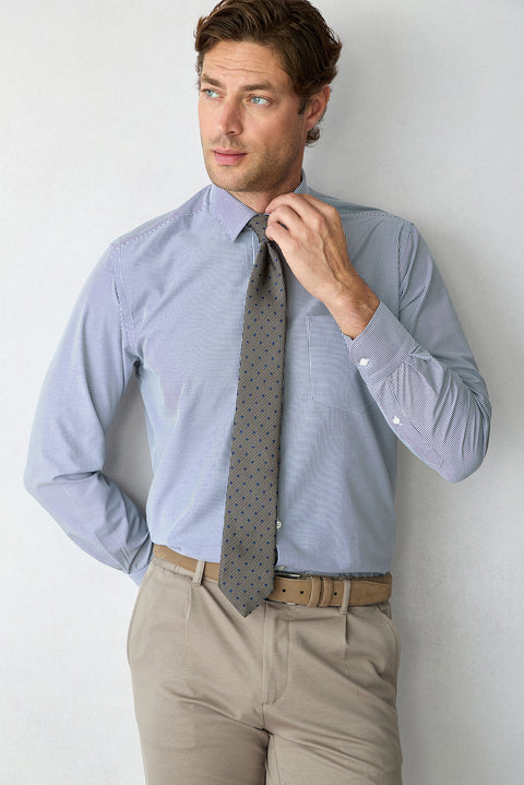 Dark Navy Long Sleeve Regular Fit Striped Cotton Shirt