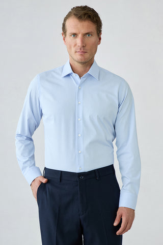 Açık Mavi Uzun Kol Slim Fit Pamuklu Armürlü Gömlek
