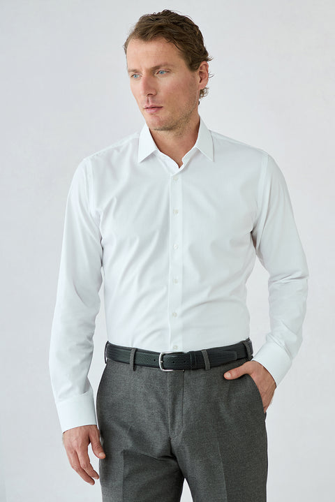 White Long Sleeve Slim Fit Ribbed Cotton Shirt
