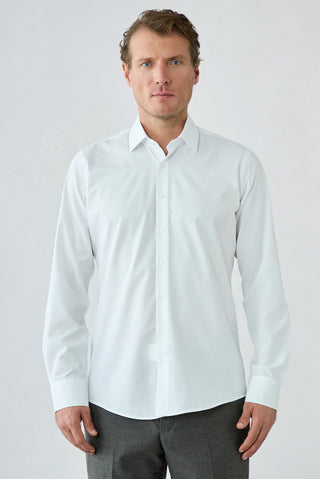 Beyaz Uzun Kol Slim Fit Pamuklu Armürlü Gömlek