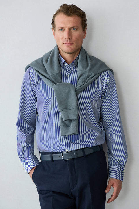 Dark Navy Long Sleeve Regular Fit Cotton Striped Shirt