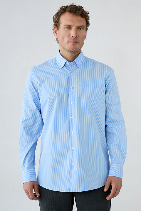 Blue Long Sleeve Regular Fit Cotton Striped Shirt