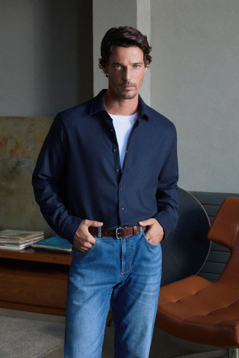 Dark Navy Long Sleeve Boxy Fit Flannel Striped Shirt