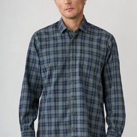 Mid-Navy Long Sleeve Regular Fit Plaid Cotton Shirt