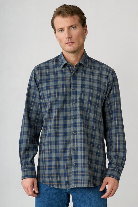 Mid-Navy Long Sleeve Regular Fit Plaid Cotton Shirt