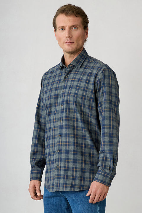 Mid-Navy Long Sleeve Regular Fit Plaid Cotton Shirt