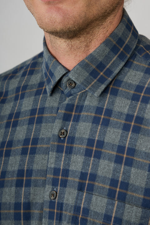 Mid-Navy Long Sleeve Regular Fit Plaid Cotton Shirt
