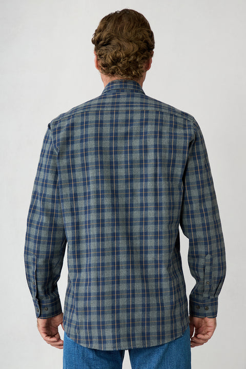 Mid-Navy Long Sleeve Regular Fit Plaid Cotton Shirt